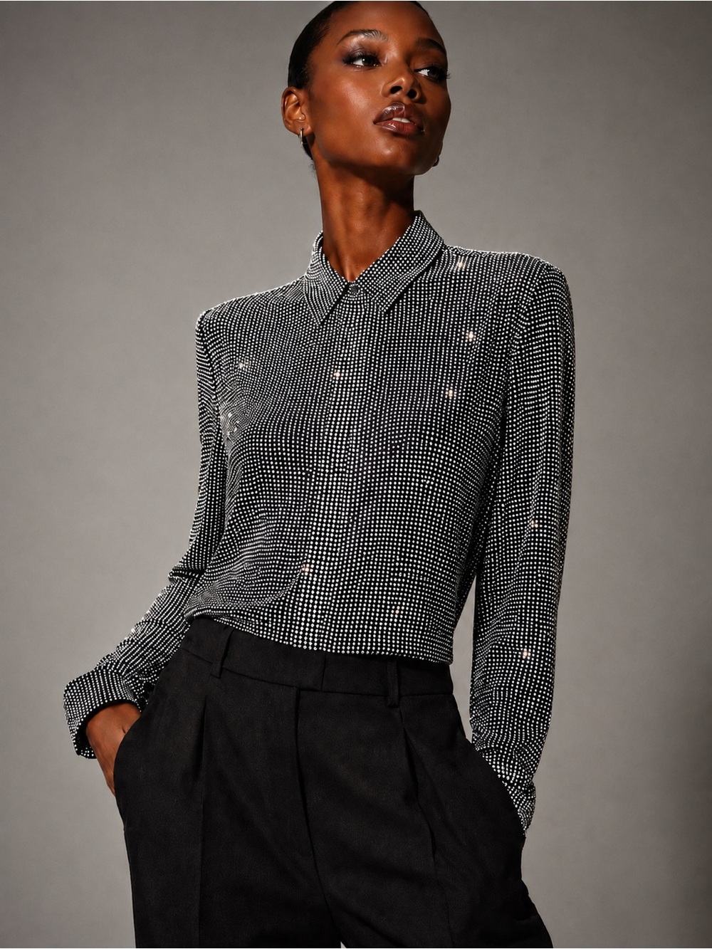 Michael Kors Collection Fully Embellished Crystal Disco Ball Button-Down Blouse